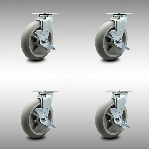 Service Caster 8 Inch SS Thermoplastic Caster Set with Roller Bearing 4 Brake 2 Swivel Lock SCC SCC-SS30S820-TPRRD-TLB-BSL-2-TLB-2 - main